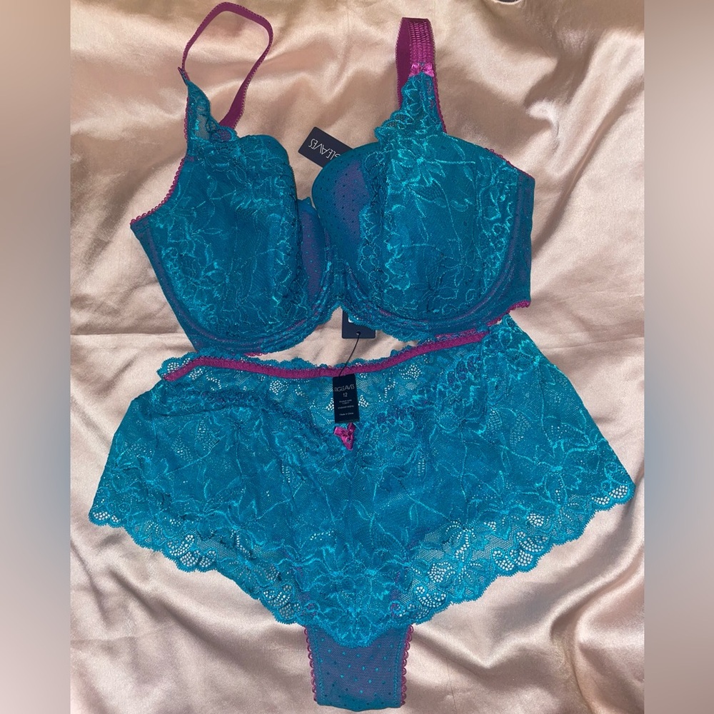 Just Peachy by Figleaves Teal and Purple Lace Lingerie Set